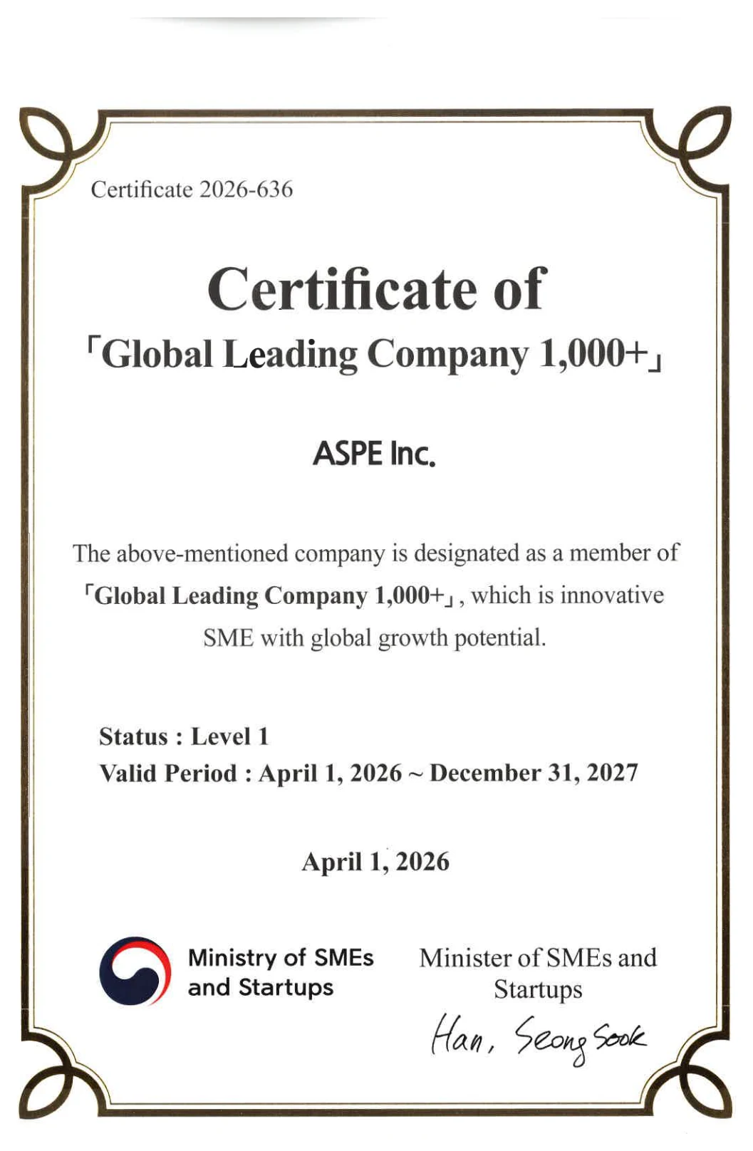 Certificate of Global Leading Company 1,000+