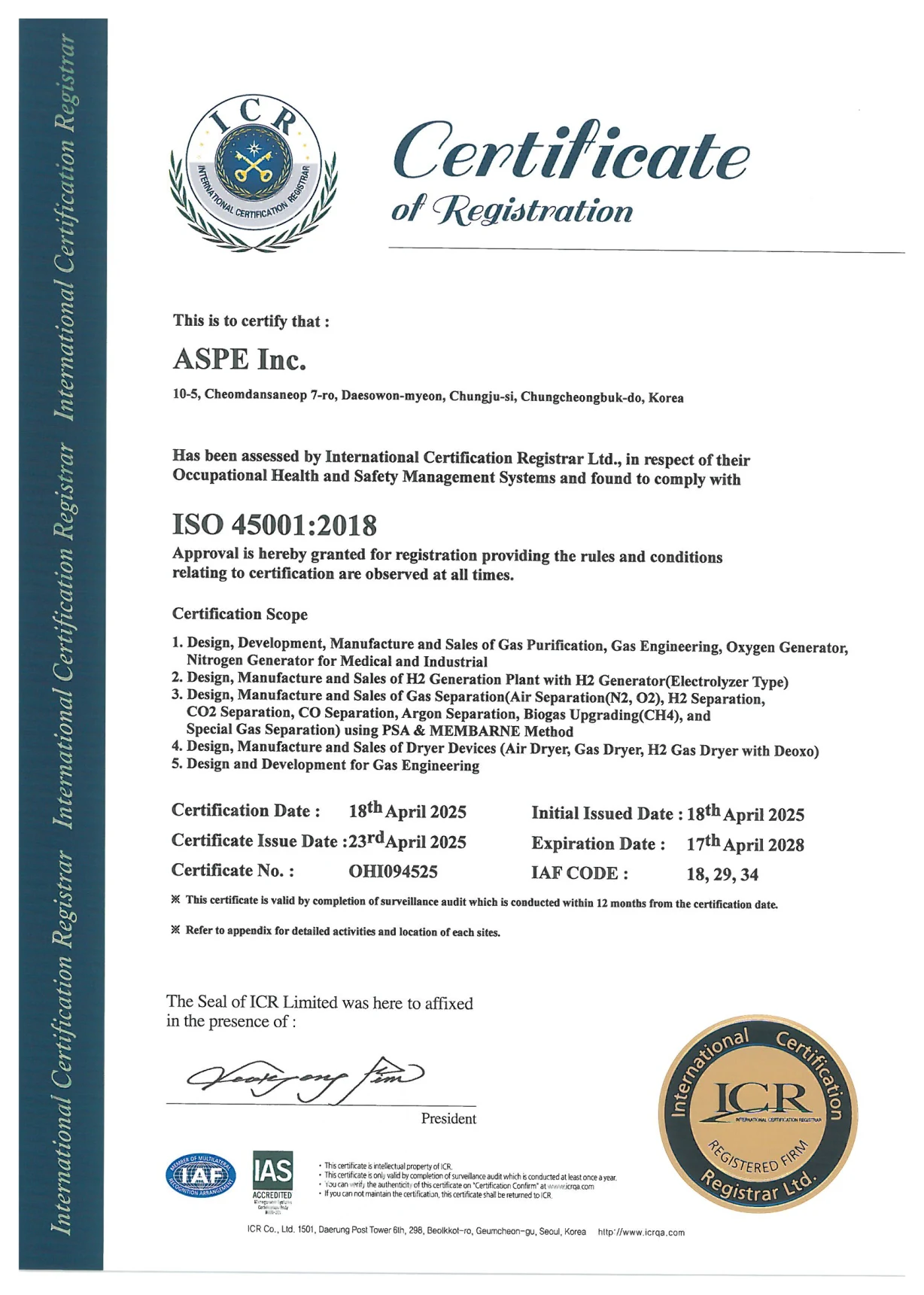 ISO 45001:2018 Occupational Health and Safety Management System Certificate